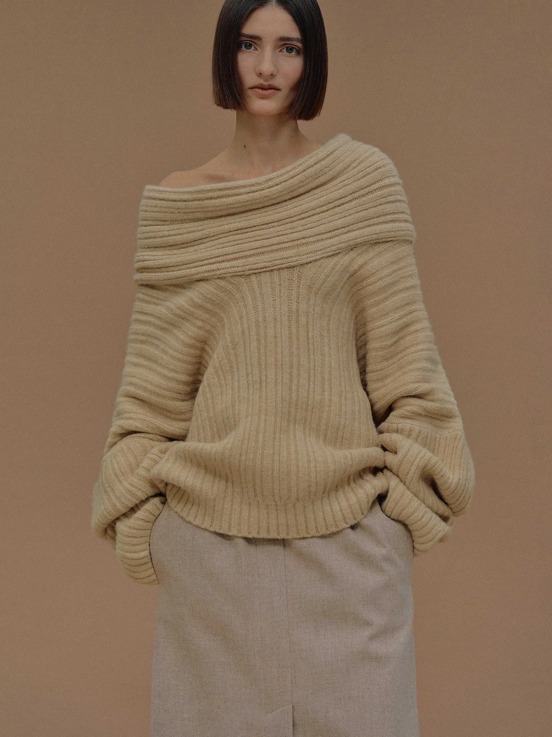 Source Unknown Accessoires-Becca Pull Surdimensionne En Tricot A Rouleau Haut, Beurre