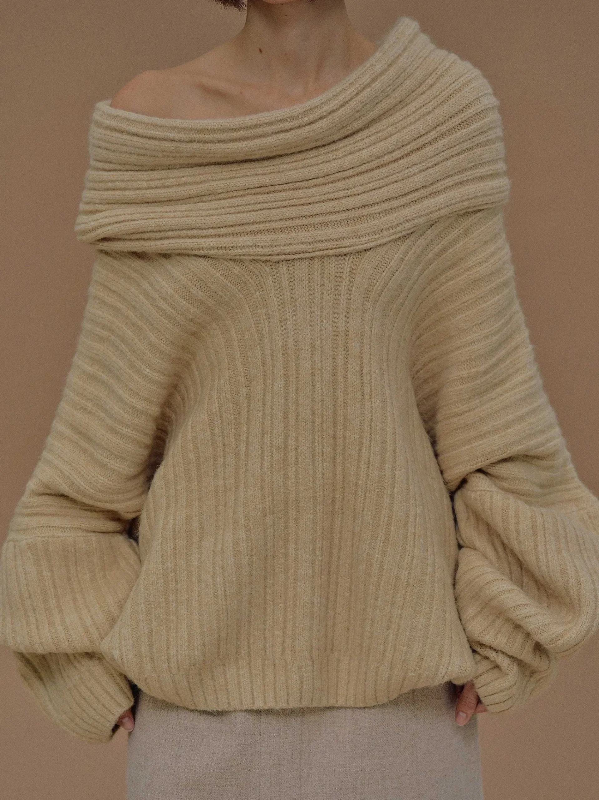 Source Unknown Accessoires-Becca Pull Surdimensionne En Tricot A Rouleau Haut, Beurre