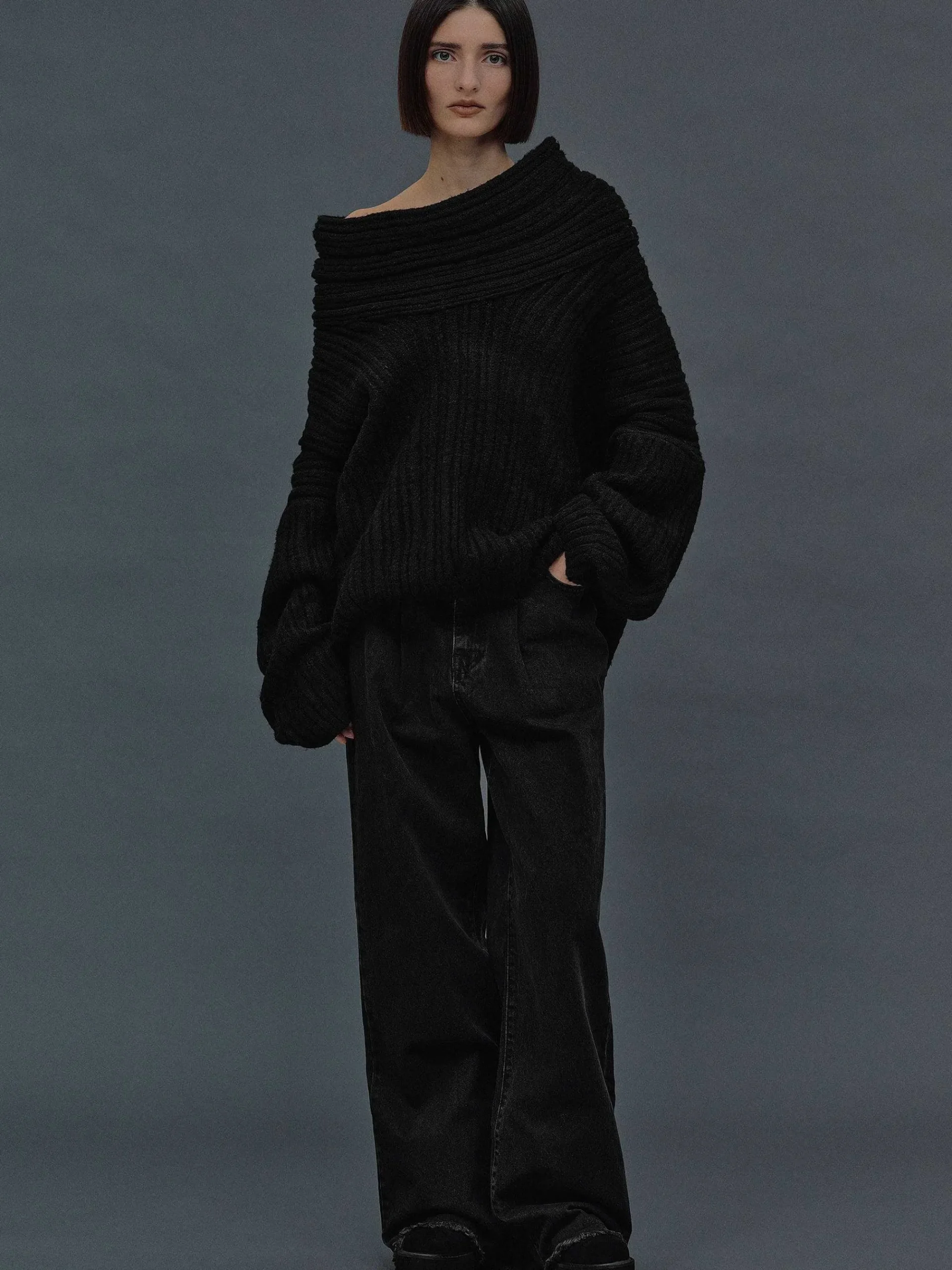 Source Unknown Accessoires-Becca Pull Surdimensionne En Tricot A Rouleau Haut, Noir