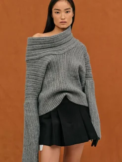 Source Unknown Accessoires-Becca Pull Surdimensionne En Tricot A Rouleau Haut, Gris Tempete