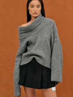 Source Unknown Accessoires-Becca Pull Surdimensionne En Tricot A Rouleau Haut, Gris Tempete