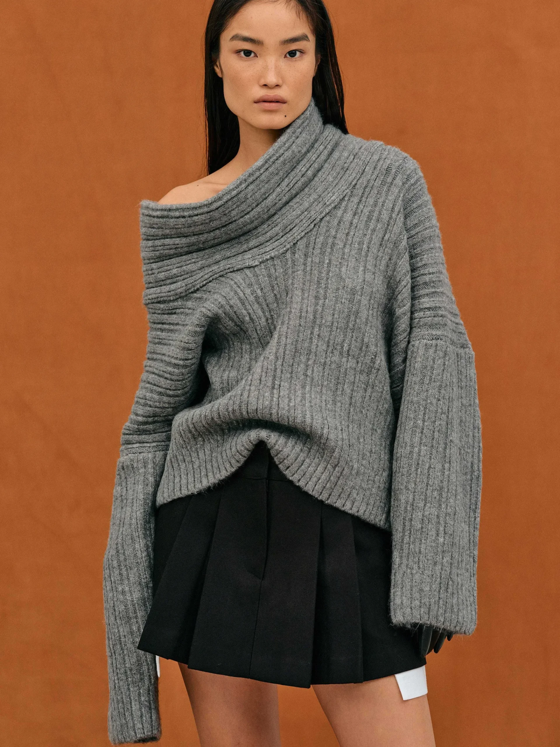 Source Unknown Accessoires-Becca Pull Surdimensionne En Tricot A Rouleau Haut, Gris Tempete