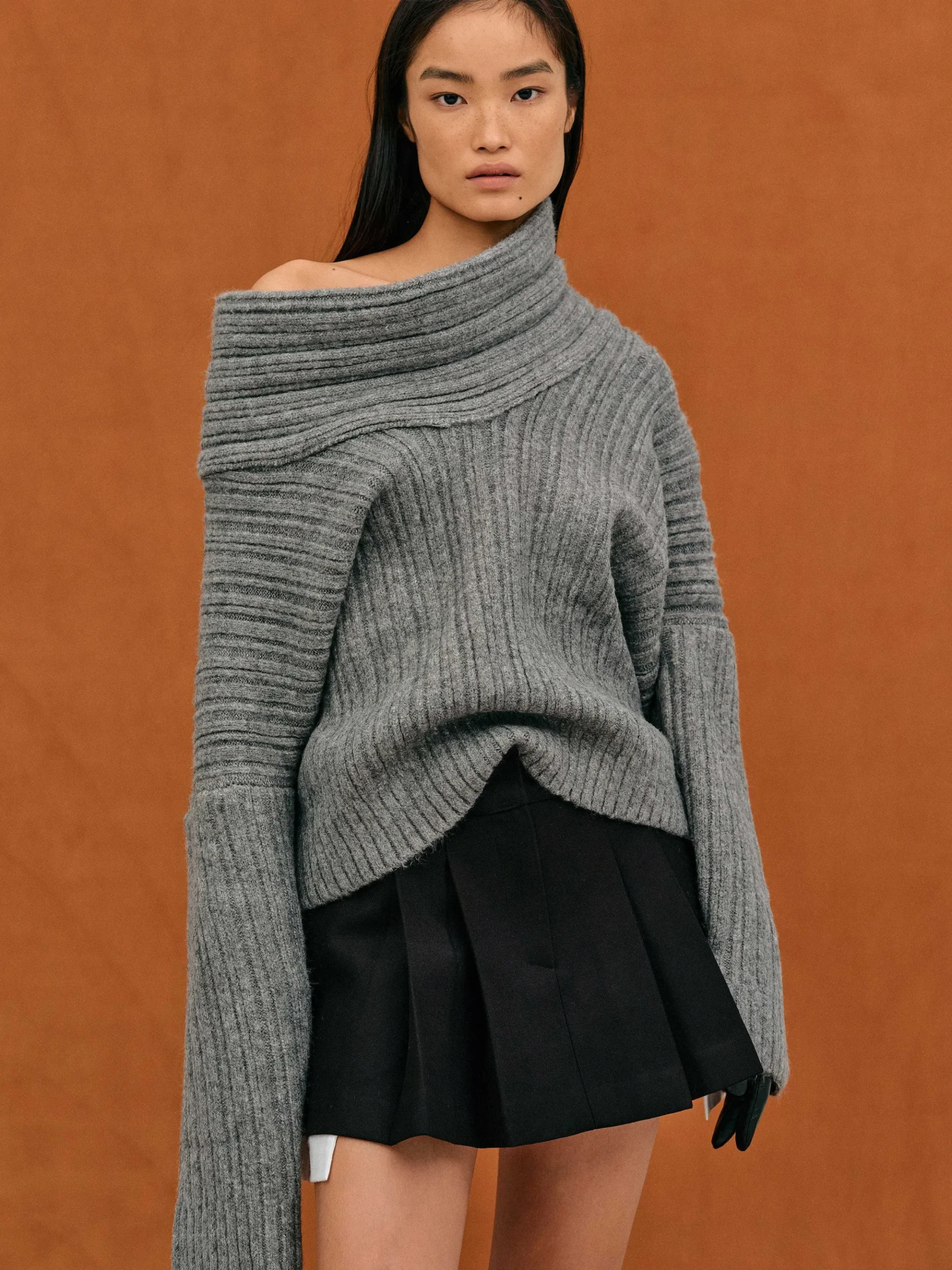 Source Unknown Accessoires-Becca Pull Surdimensionne En Tricot A Rouleau Haut, Gris Tempete