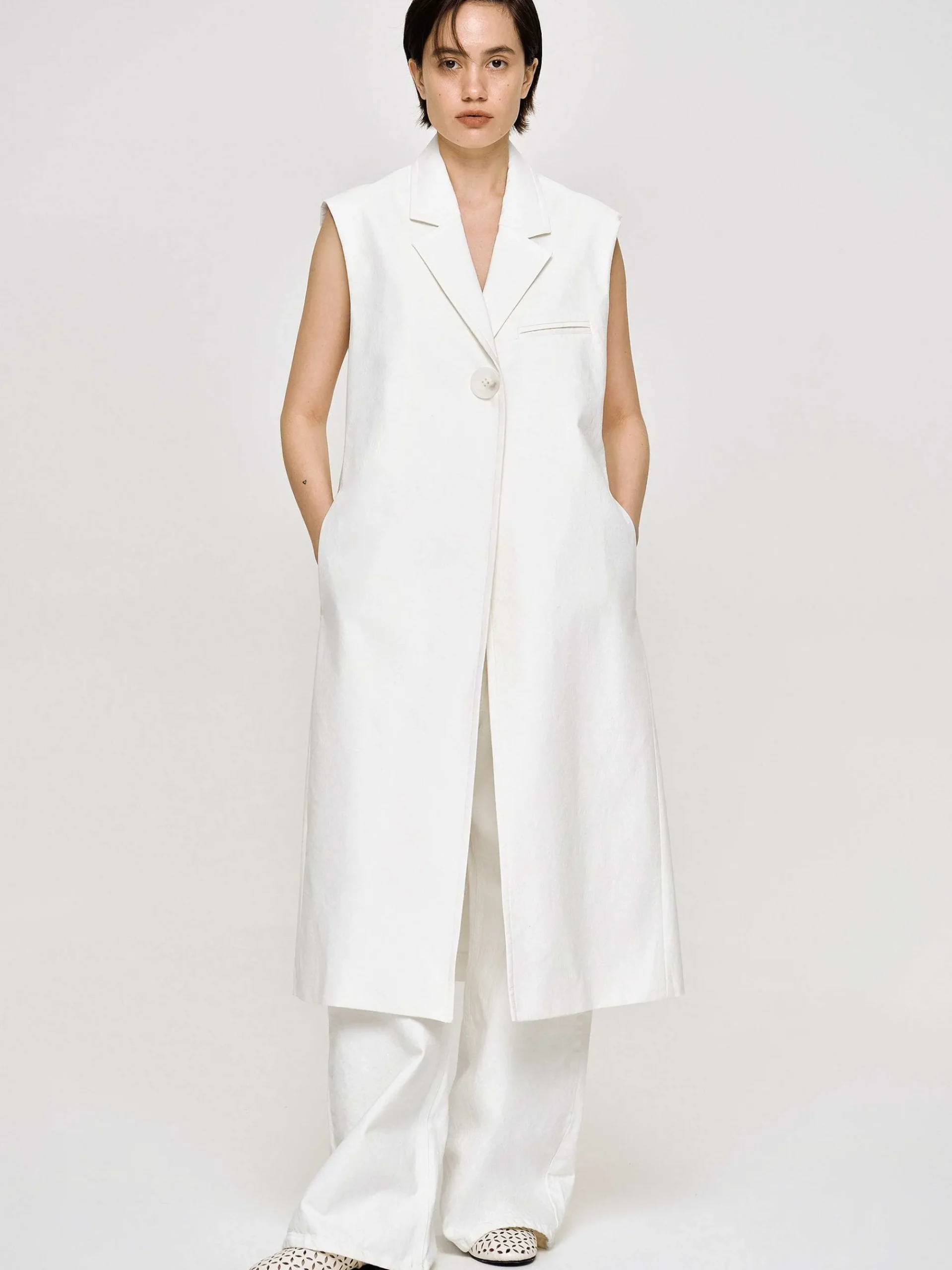 Source Unknown Vêtements D'Exterieur-Blazer Long Sans Manches, Blanc