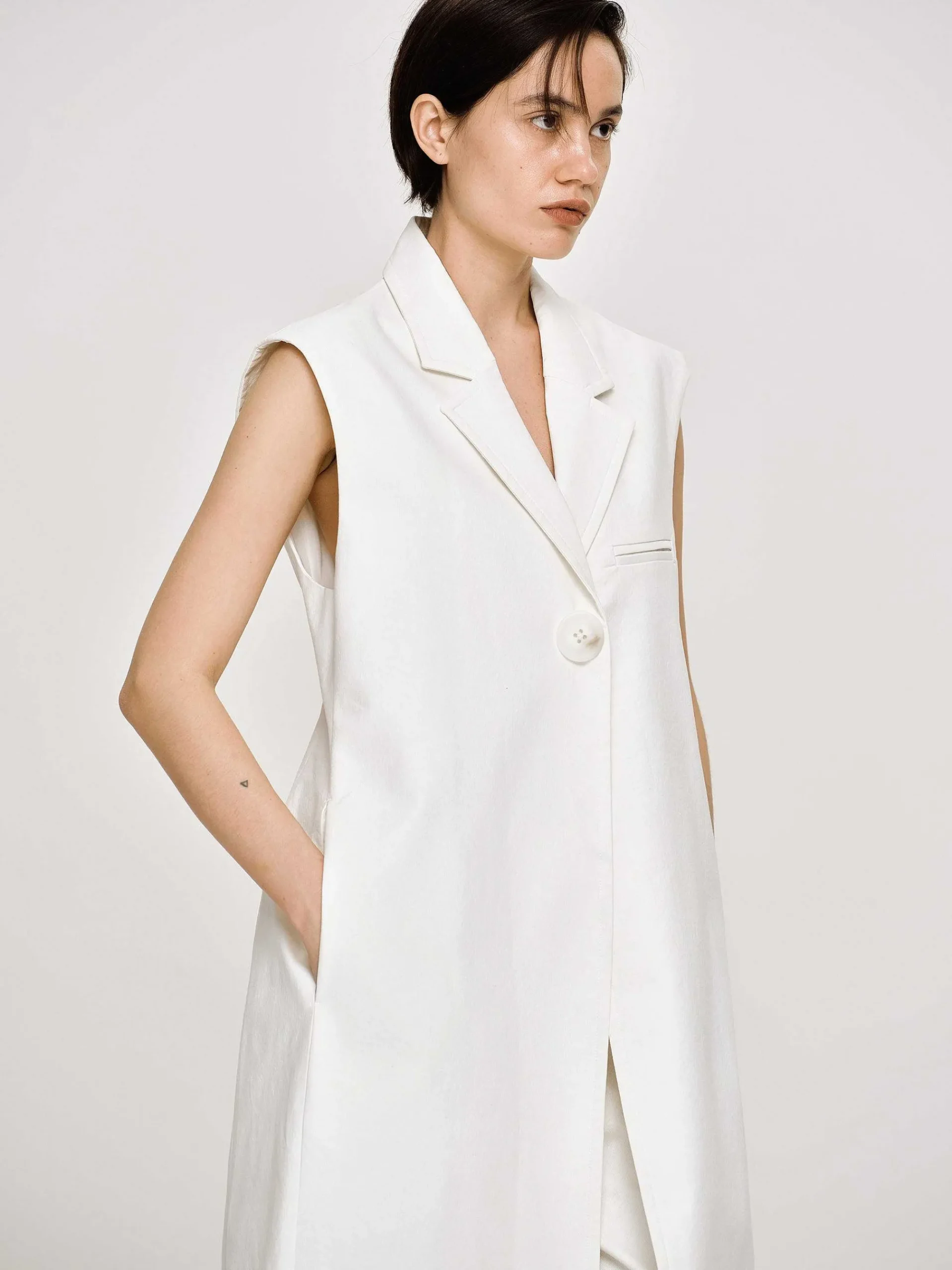 Source Unknown Vêtements D'Exterieur-Blazer Long Sans Manches, Blanc
