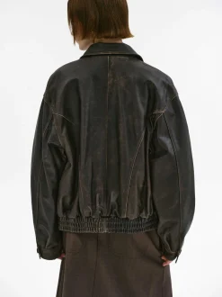 Source Unknown Accessoires-Blouson Aviateur En Cuir D'Agneau Delave Geva, Marron