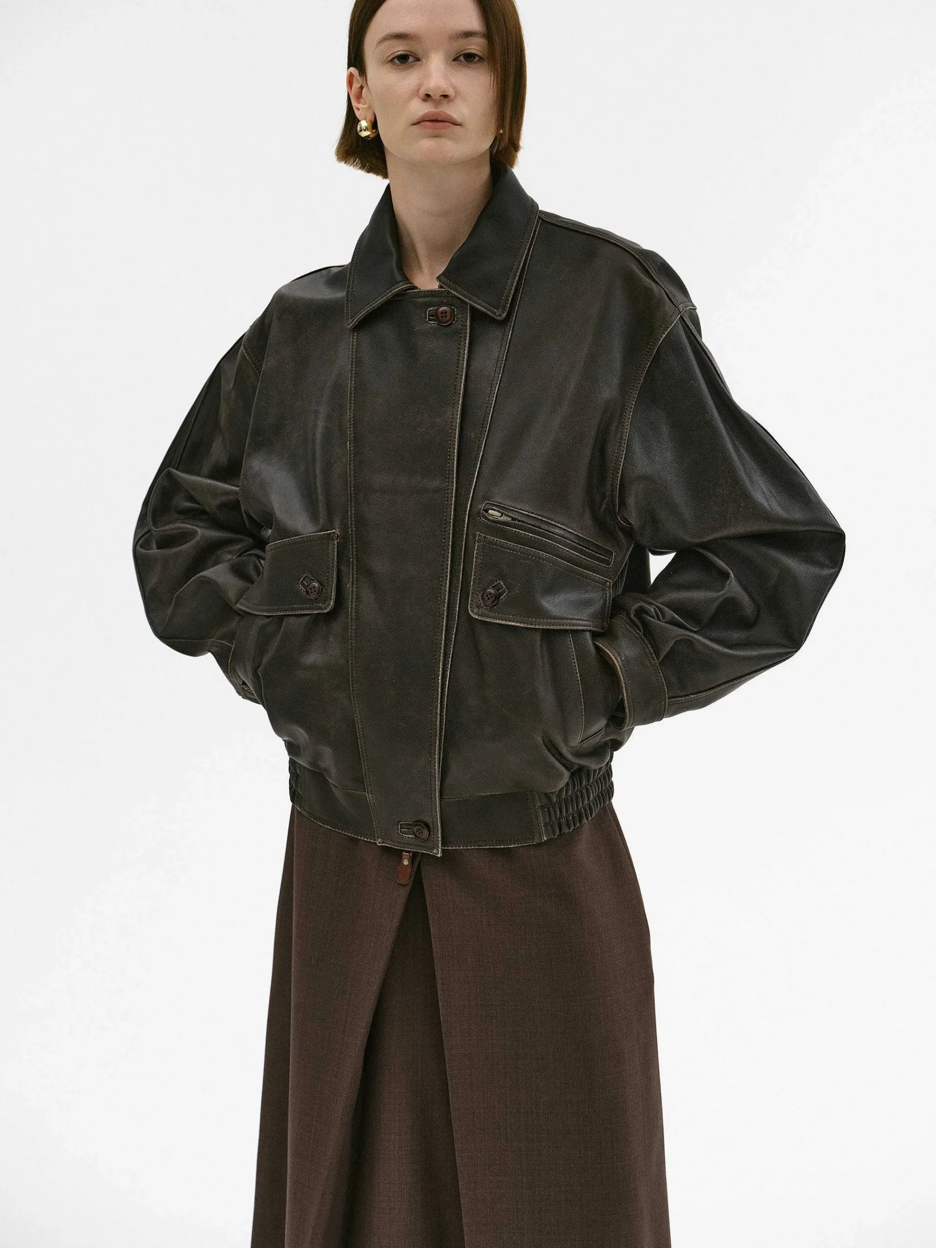 Source Unknown Accessoires-Blouson Aviateur En Cuir D'Agneau Delave Geva, Marron