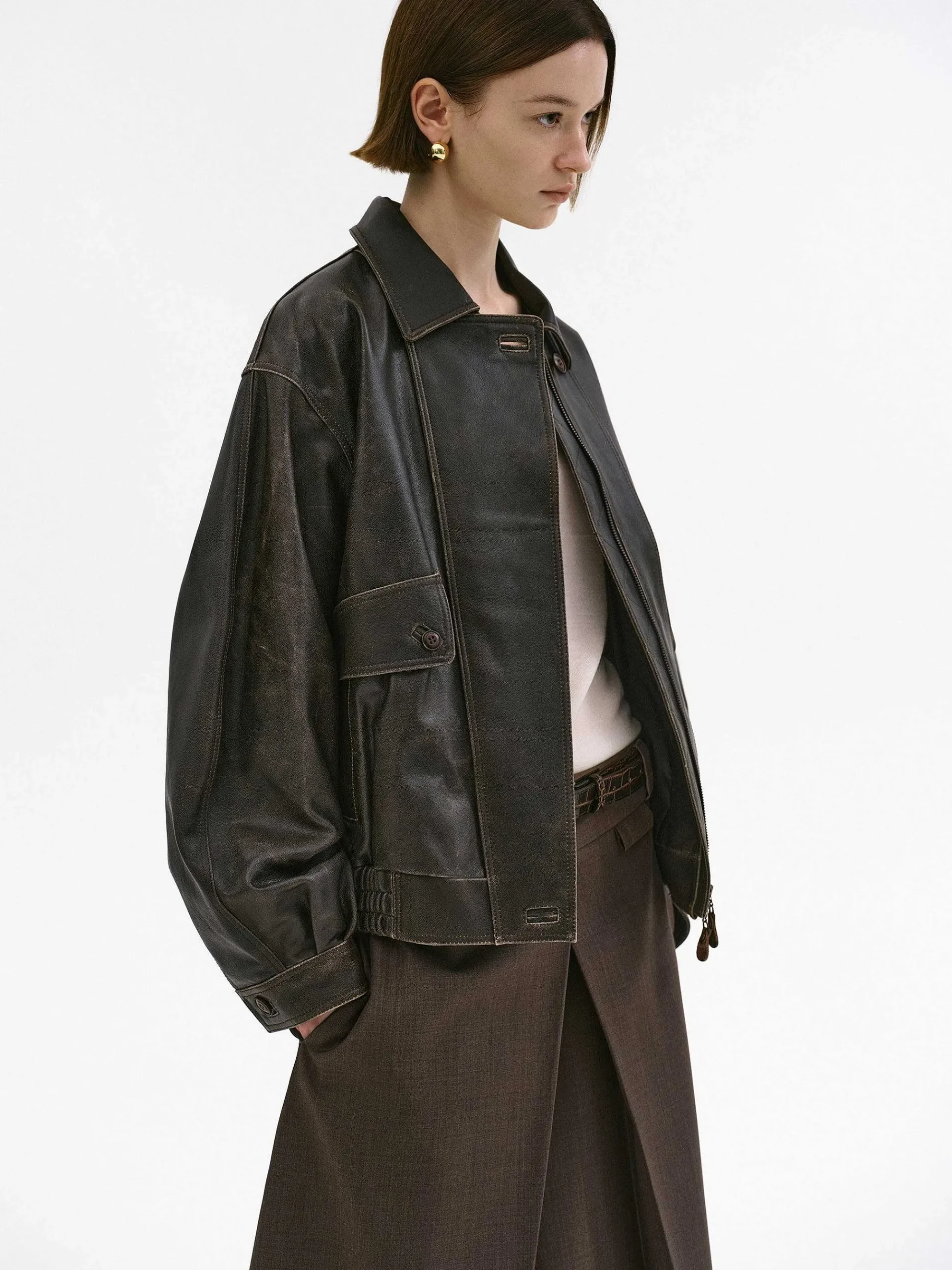 Source Unknown Accessoires-Blouson Aviateur En Cuir D'Agneau Delave Geva, Marron