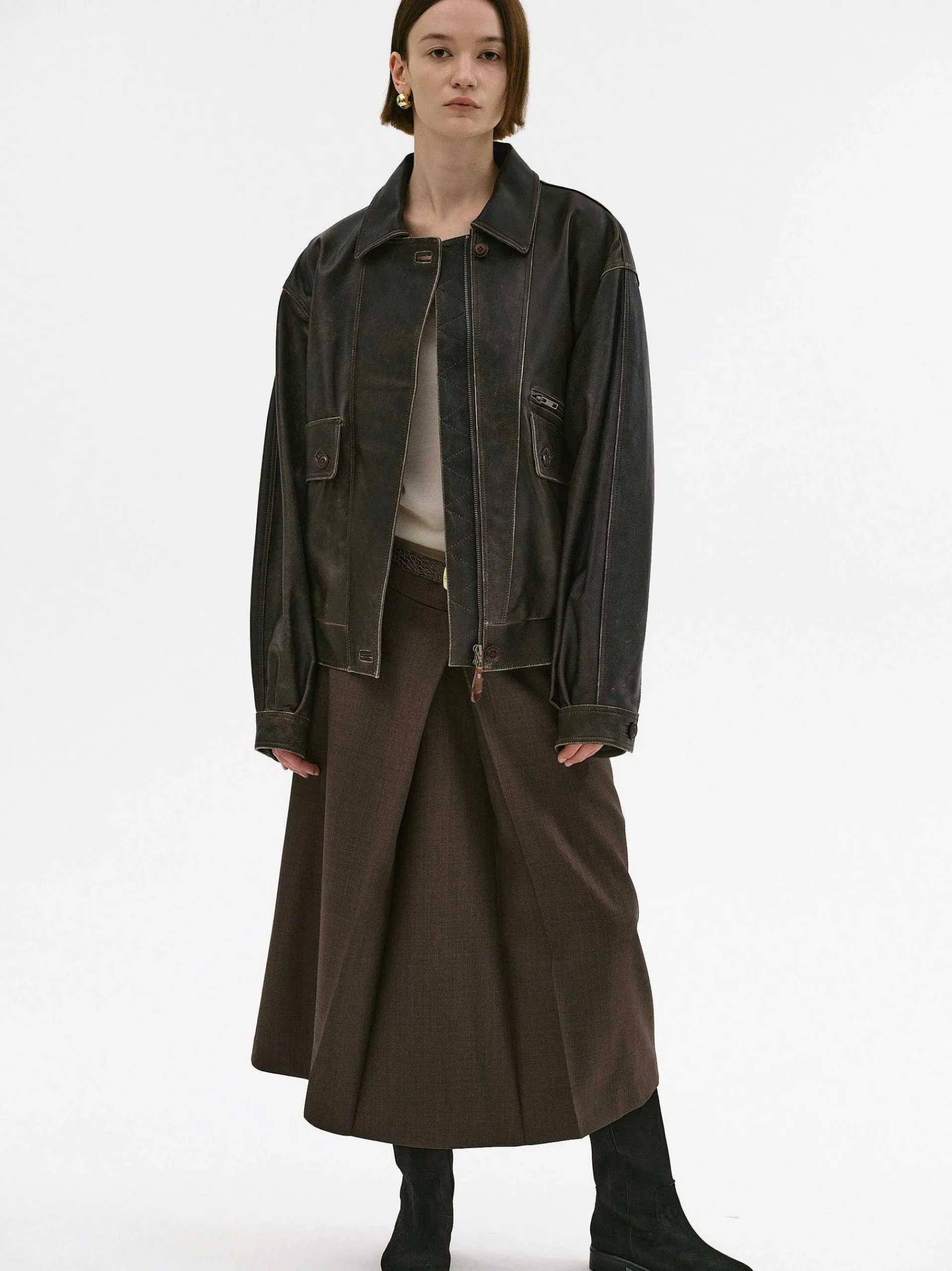 Source Unknown Accessoires-Blouson Aviateur En Cuir D'Agneau Delave Geva, Marron
