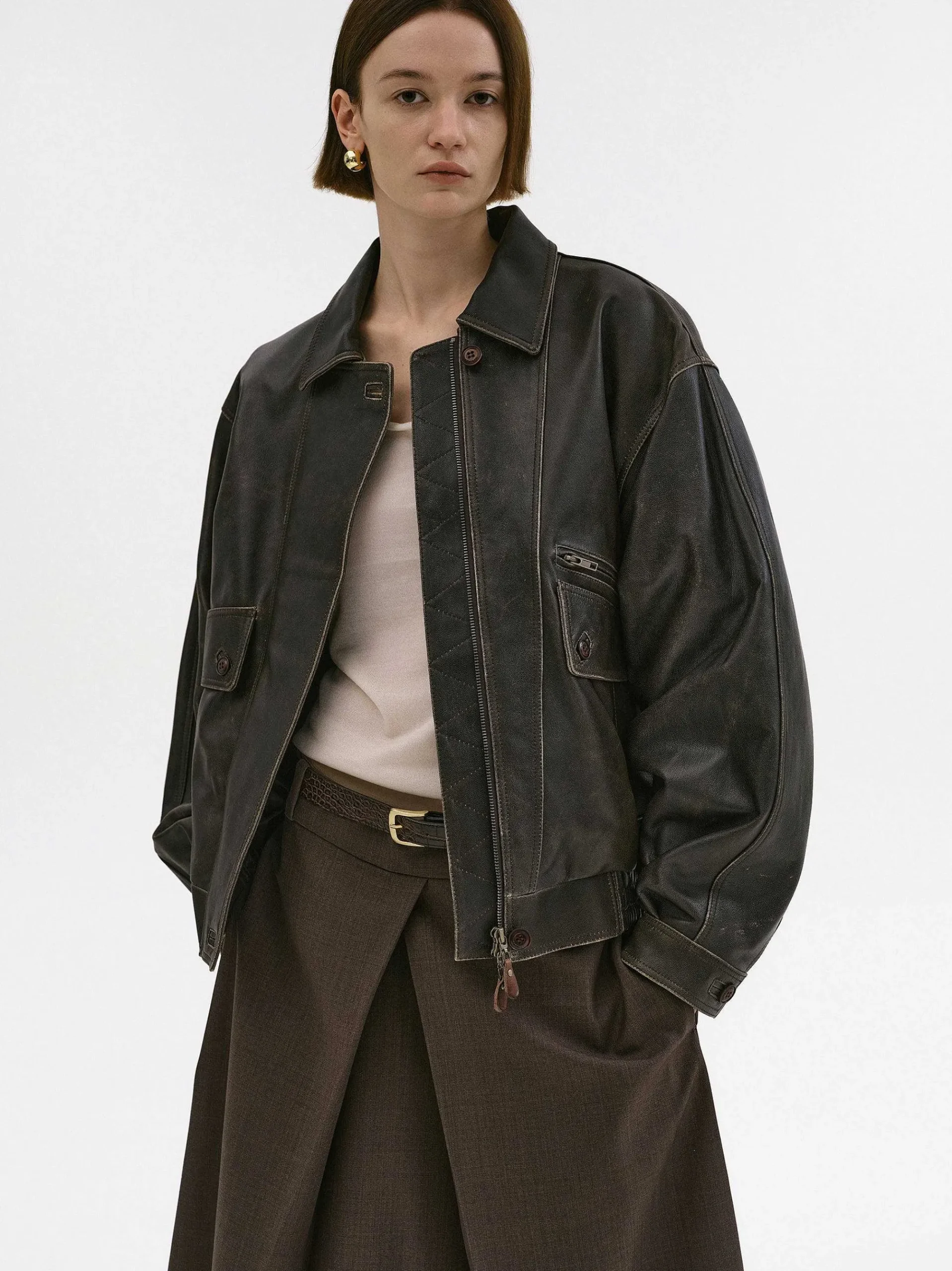 Source Unknown Accessoires-Blouson Aviateur En Cuir D'Agneau Delave Geva, Marron