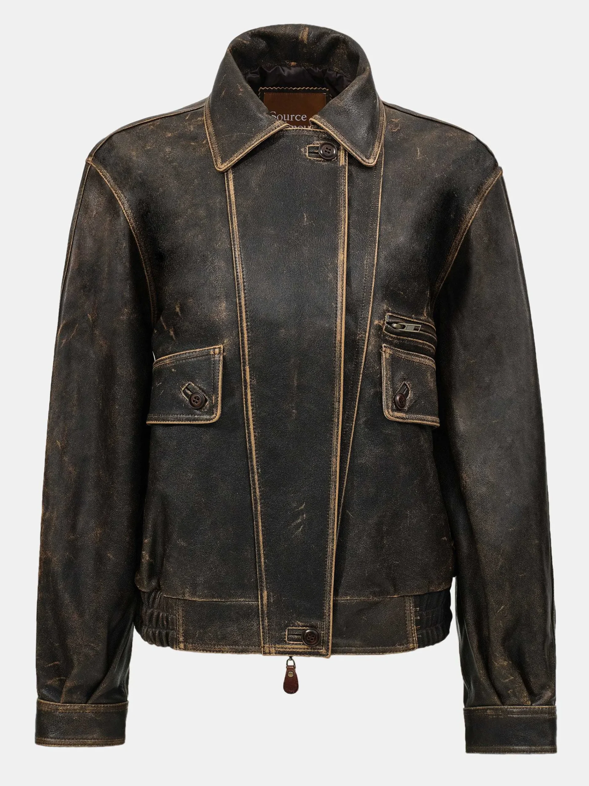 Source Unknown Accessoires-Blouson Aviateur En Cuir D'Agneau Delave Geva, Marron