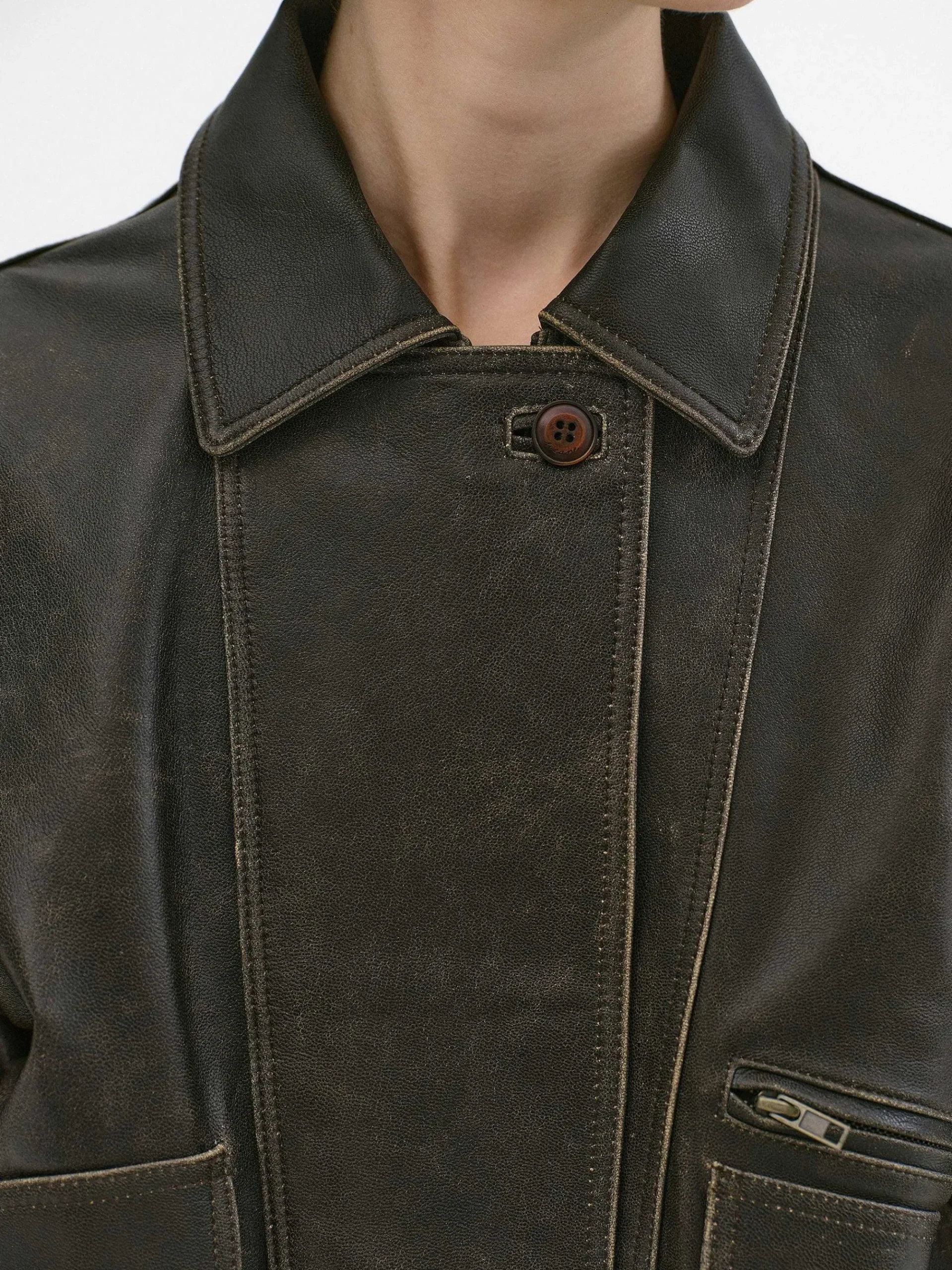 Source Unknown Accessoires-Blouson Aviateur En Cuir D'Agneau Delave Geva, Marron