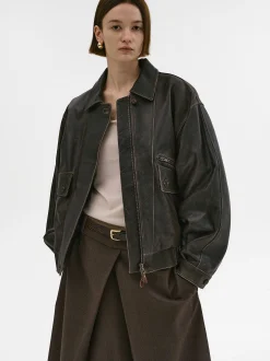 Source Unknown Accessoires-Blouson Aviateur En Cuir D'Agneau Delave Geva, Marron