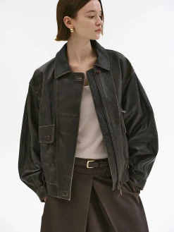Source Unknown Accessoires-Blouson Aviateur En Cuir D'Agneau Delave Geva, Marron