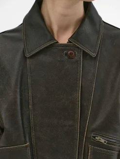 Source Unknown Accessoires-Blouson Aviateur En Cuir D'Agneau Delave Geva, Marron
