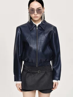 Source Unknown Accessoires-Blouson Aviateur Ennio En Similicuir, Bleu Marine