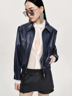 Source Unknown Accessoires-Blouson Aviateur Ennio En Similicuir, Bleu Marine