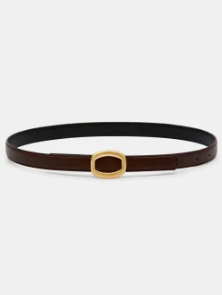 Source Unknown Accessoires-Ceinture Ronde En Cuir Hexagonale, Marron/Dore