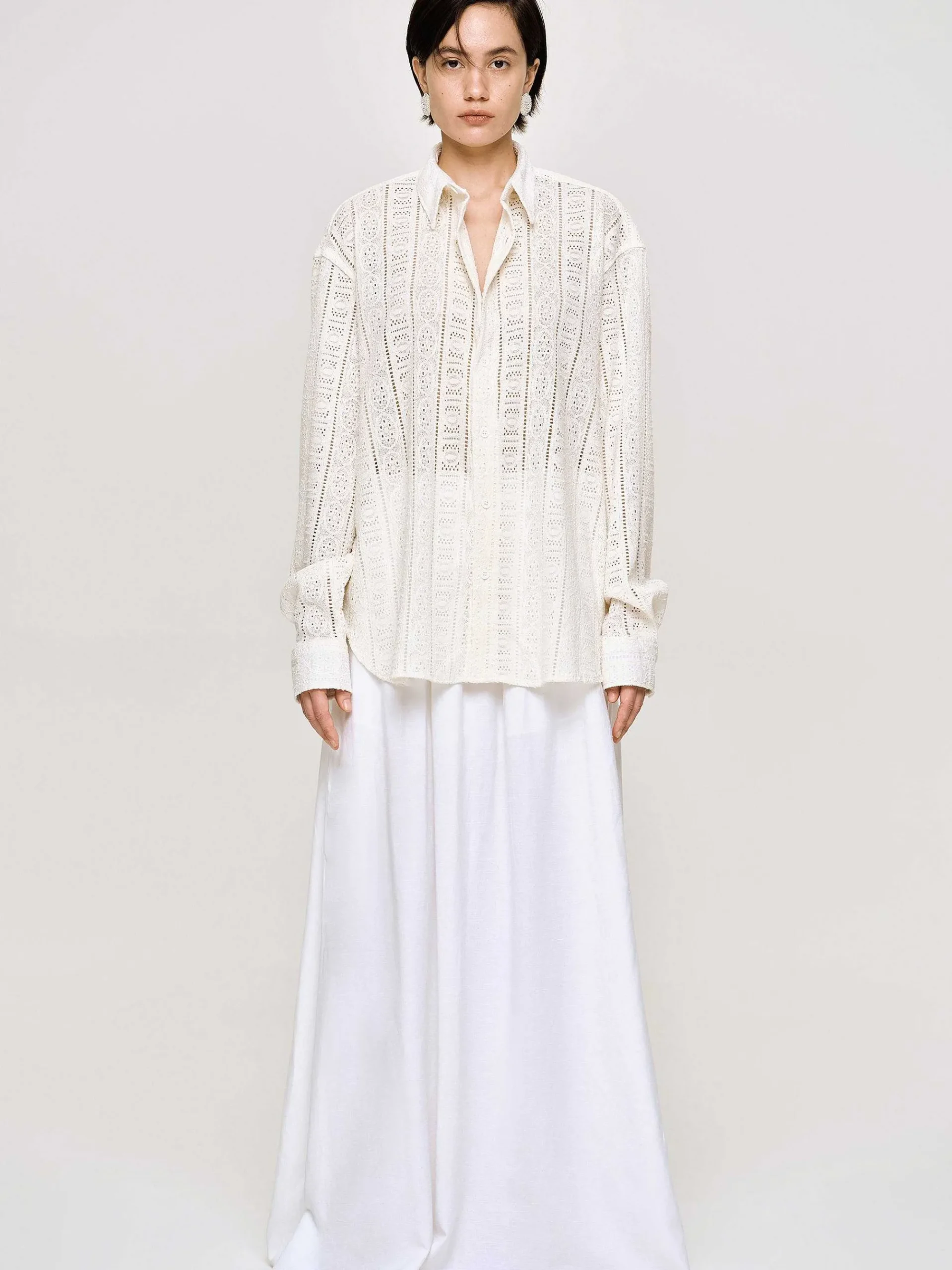 Source Unknown Accessoires-Chemise Boutonnee Surdimensionnee En Pointelle, Ivoire