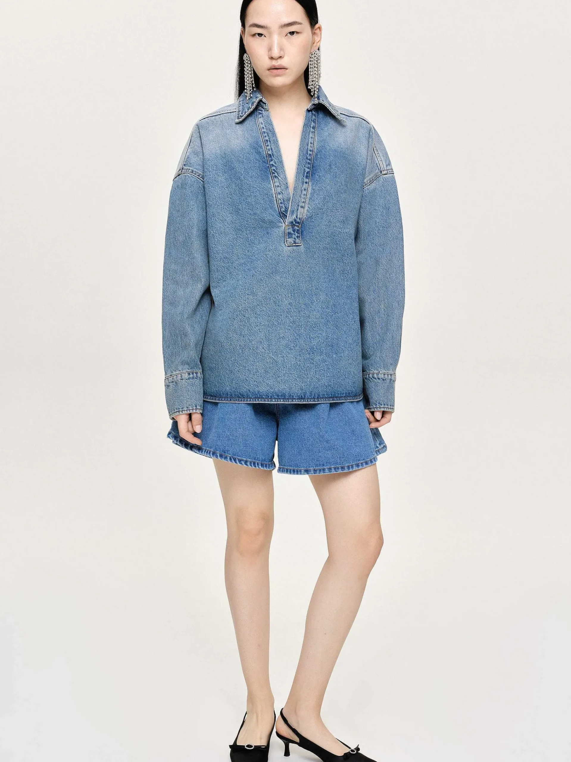 Source Unknown Vêtements-Chemise En Jean Surdimensionnee, Delave Teinte