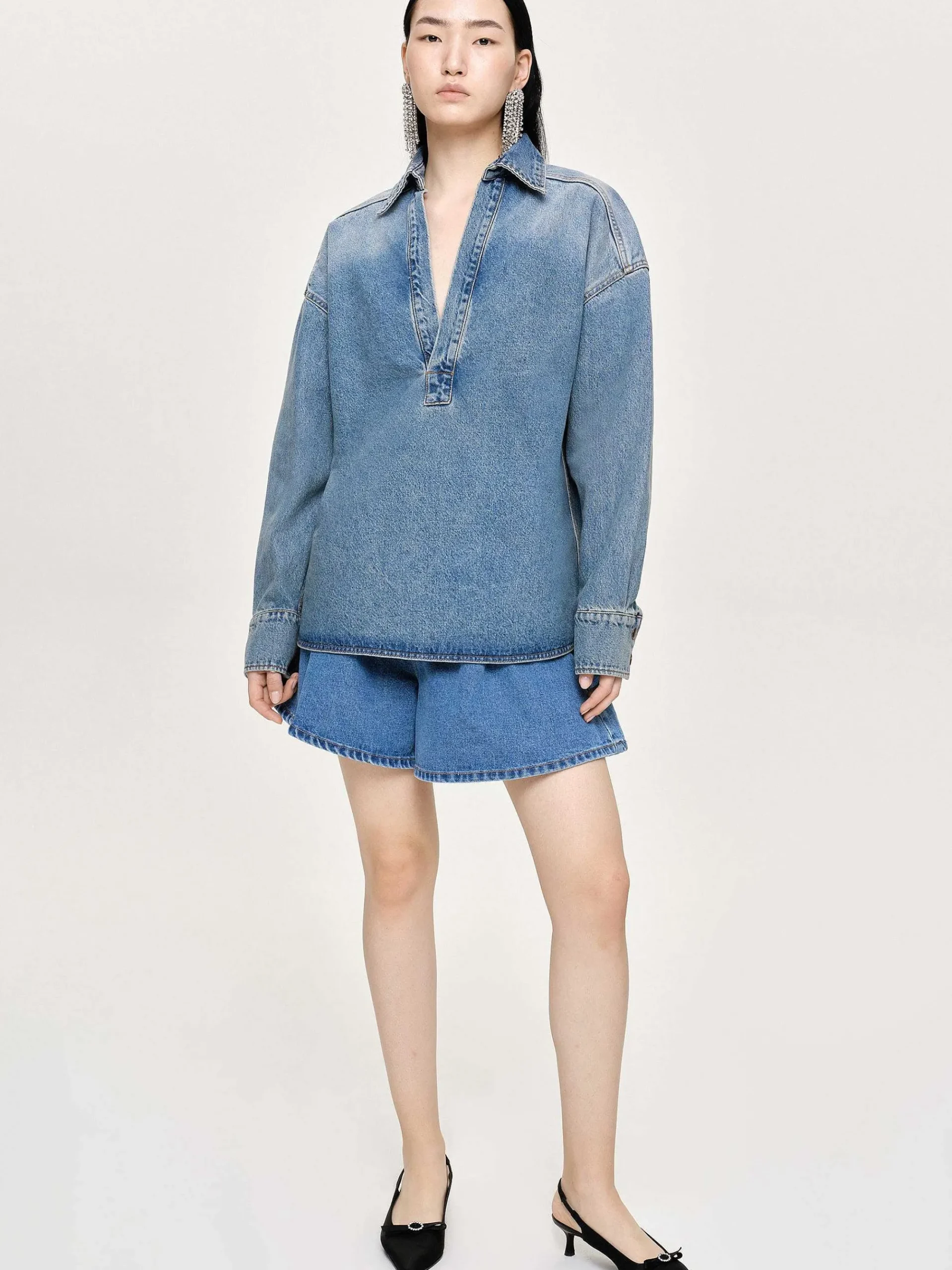 Source Unknown Vêtements-Chemise En Jean Surdimensionnee, Delave Teinte