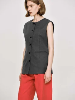 Source Unknown Vêtements-Gilet Long Boutonne, Melange De Charbon De Bois