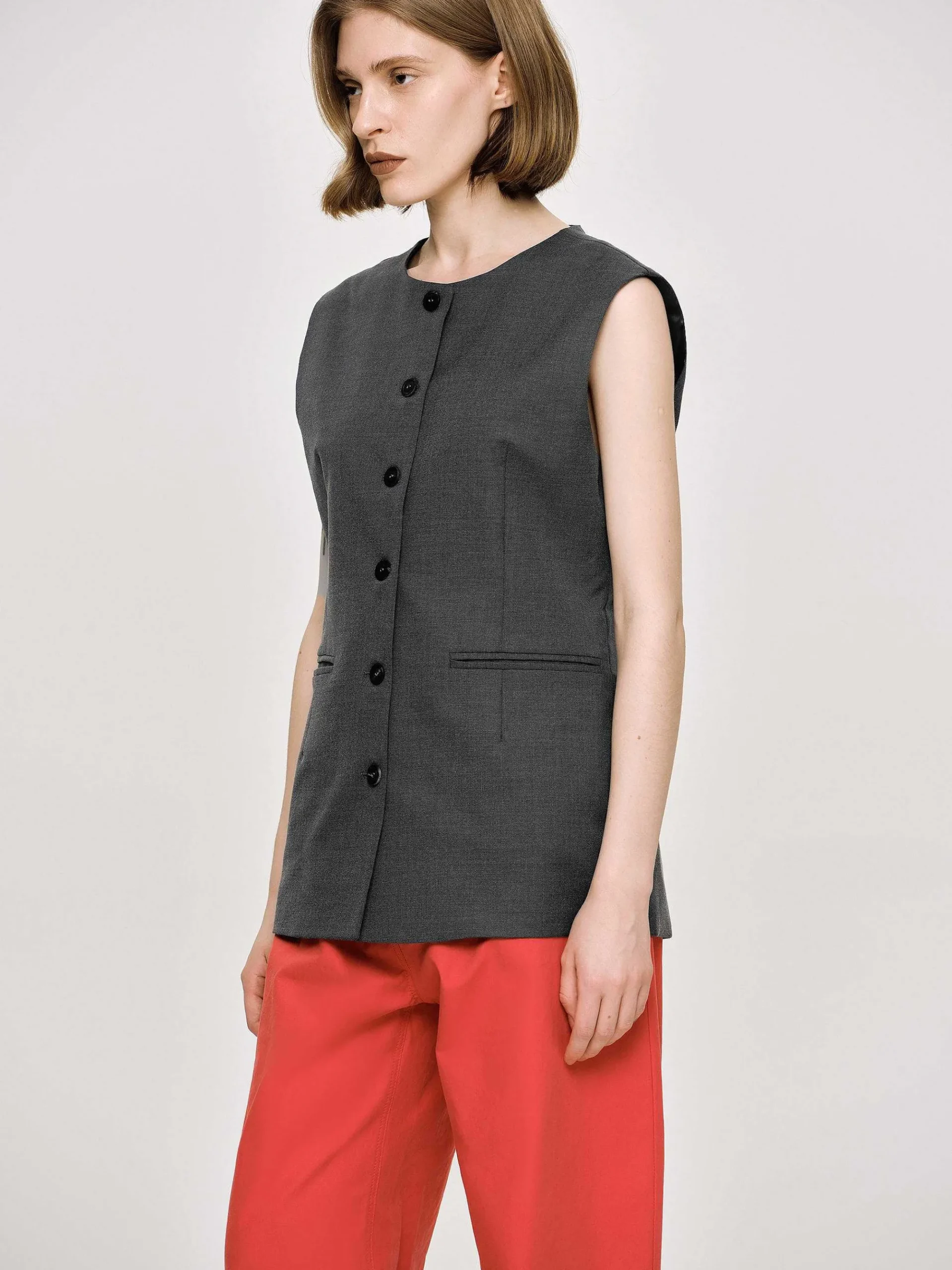 Source Unknown Hauts-Gilet Long Boutonne, Melange De Charbon De Bois
