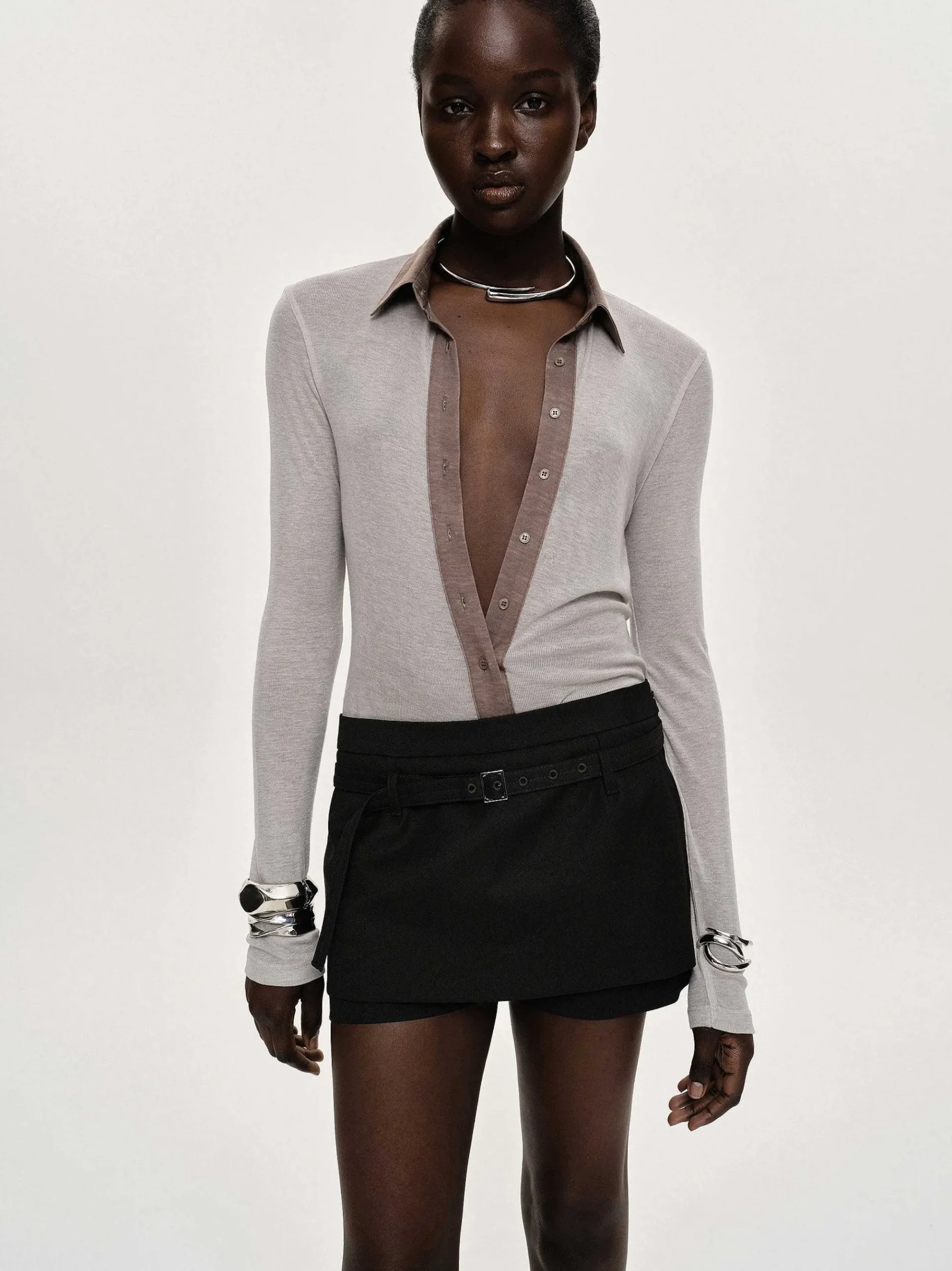 Source Unknown Vêtements-Haut A Col Semi-Transparent Pietro, Marron Taupe
