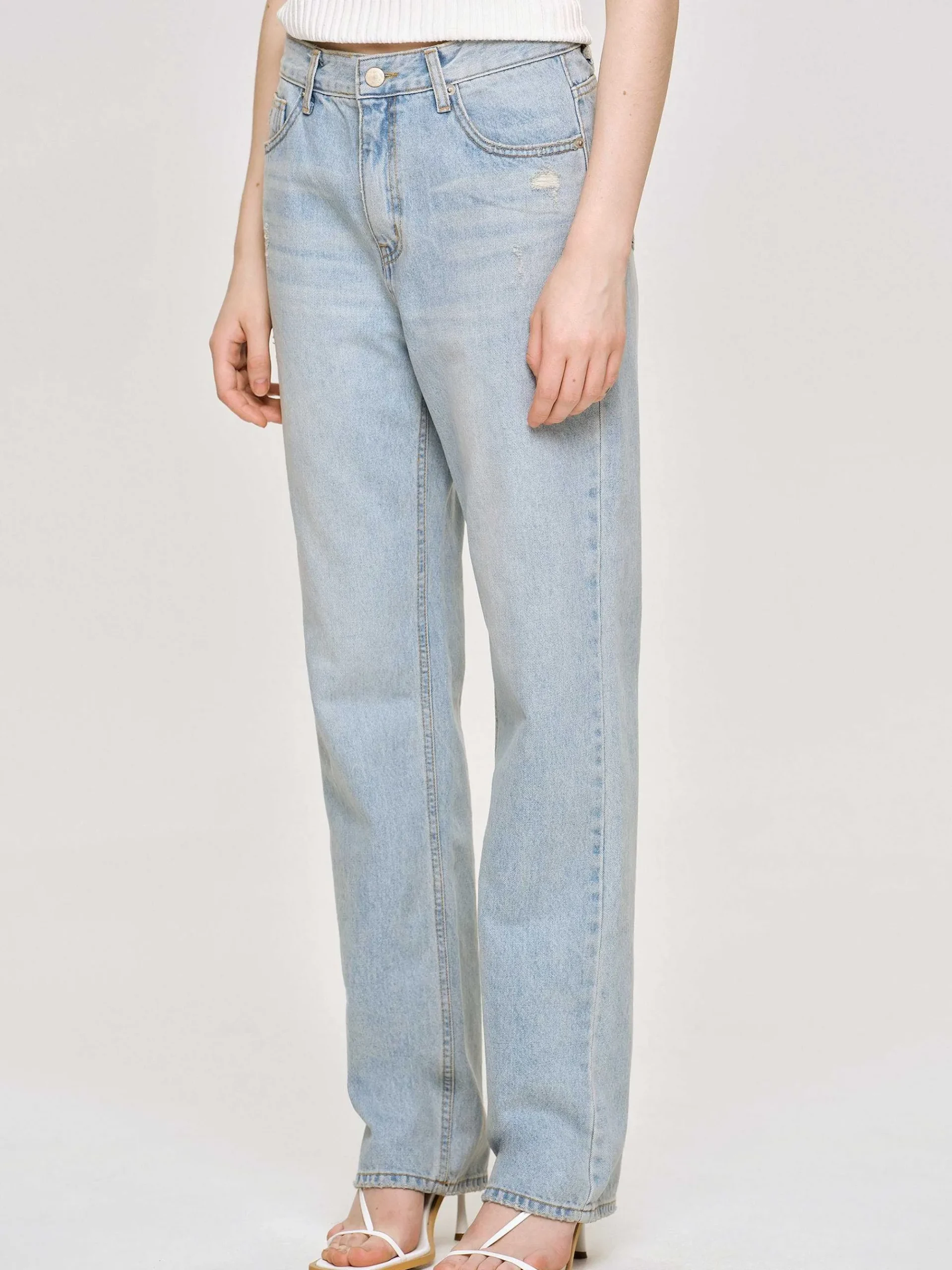 Source Unknown Vêtements-Jean Droit Effet Vieilli, Bleu Clair Vintage
