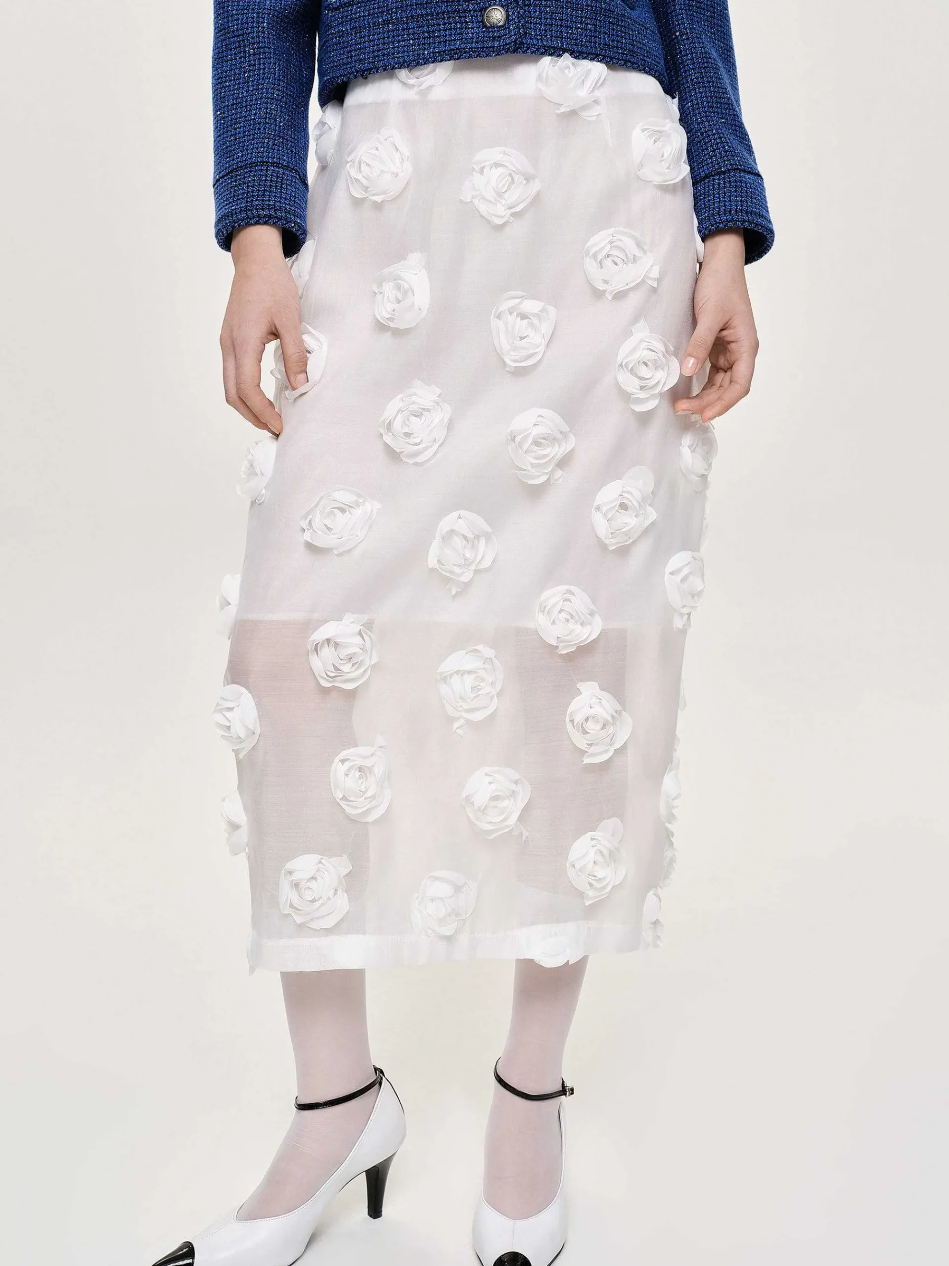 Source Unknown Bas-Jupe Mi-Longue A Appliques Roses, Blanc