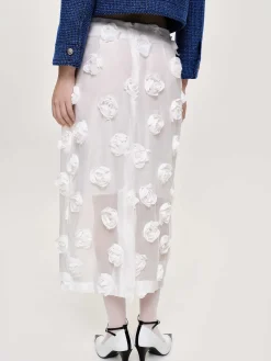 Source Unknown Vêtements-Jupe Mi-Longue A Appliques Roses, Blanc