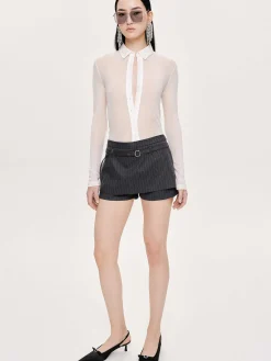 Source Unknown Bas-Mini-Jupe-Short Ceinturee Rioni, Rayures Anthracite