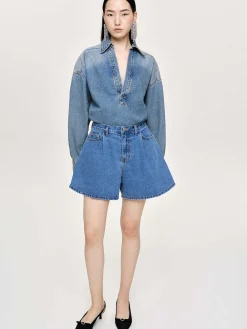 Source Unknown Vêtements-Short En Jean Evase, Bleu Moyen