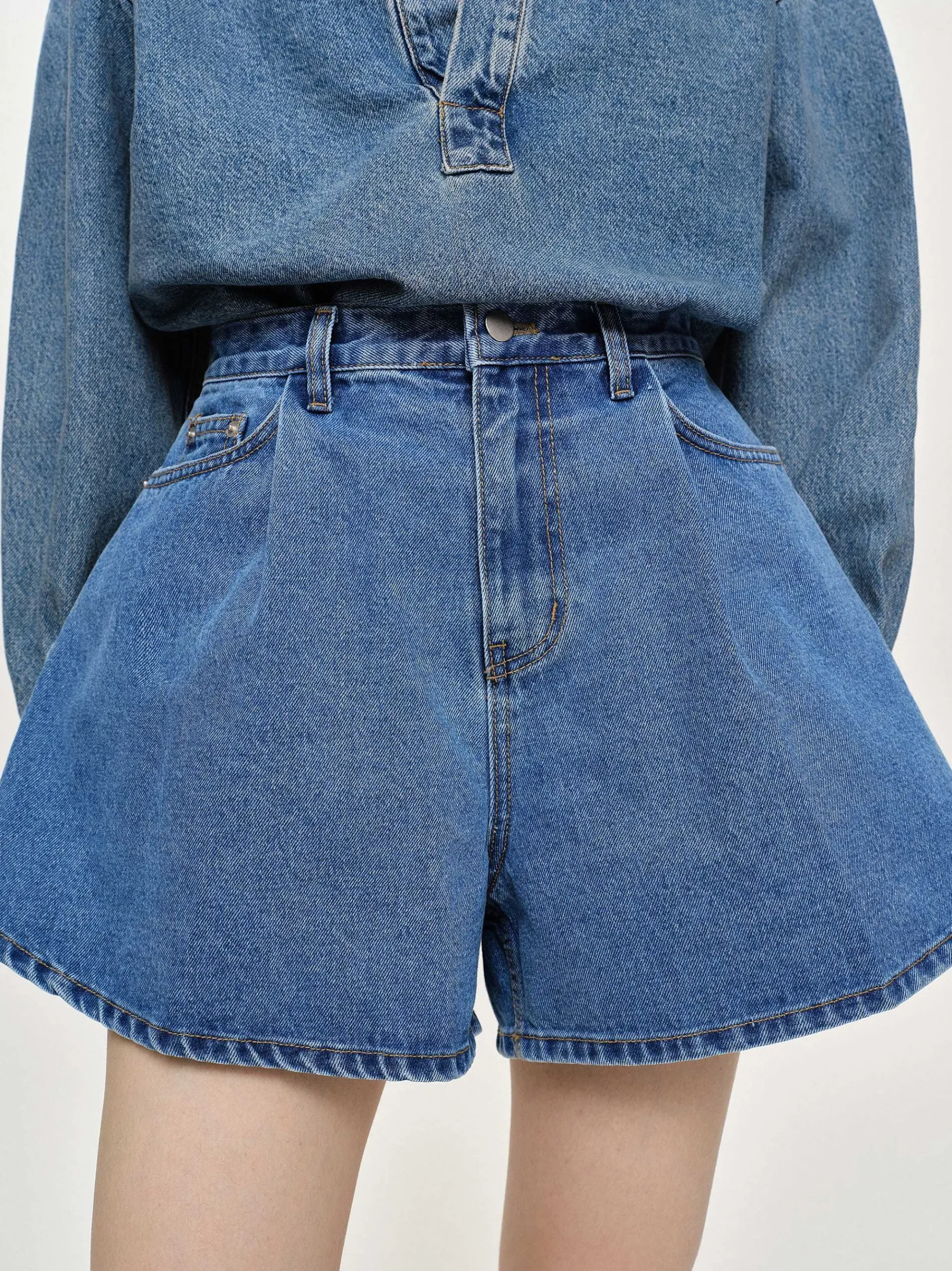 Source Unknown Jean-Short En Jean Evase, Bleu Moyen