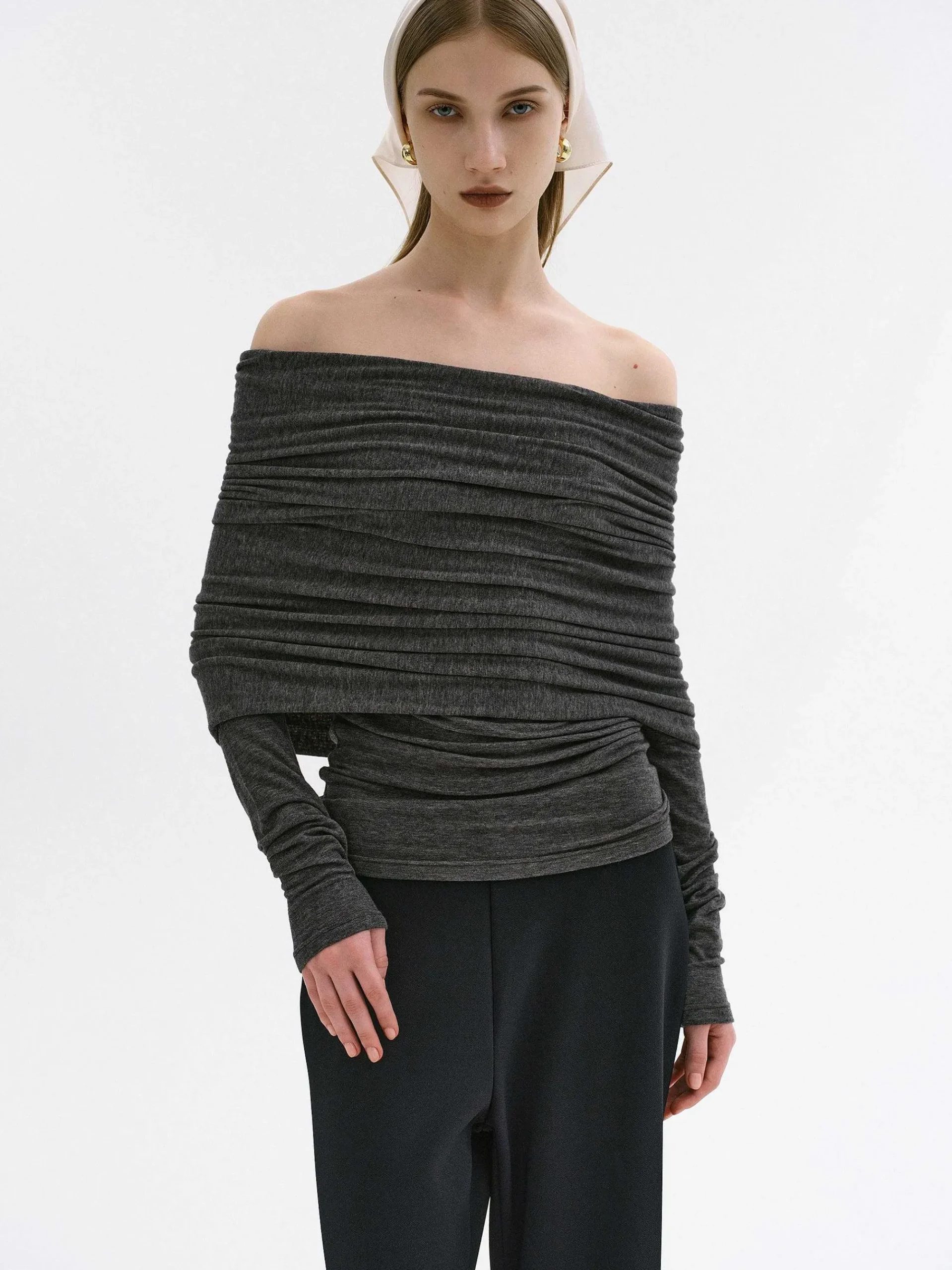 Source Unknown Accessoires-Tricot A Epaules Denudees Tova, Melange Gris Fonce