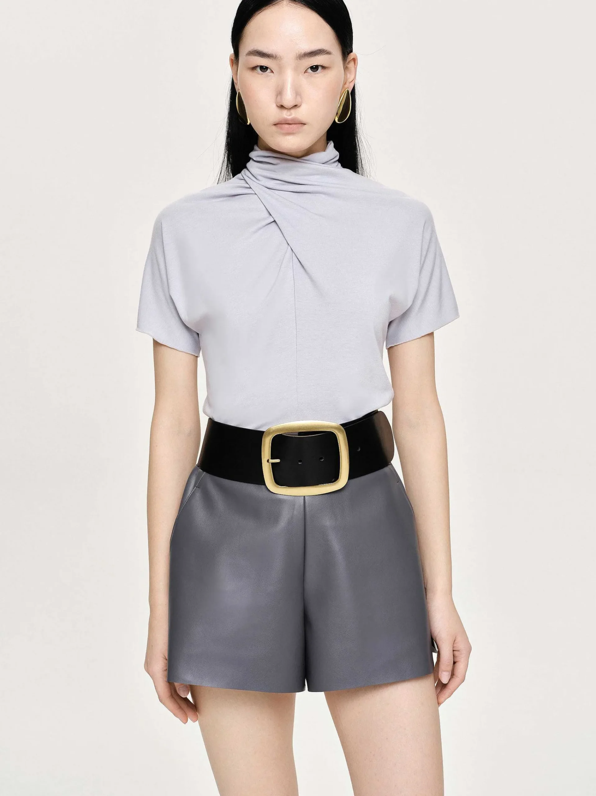 Source Unknown Vêtements-T-Shirt A Col Croise Daye, Gris Brume