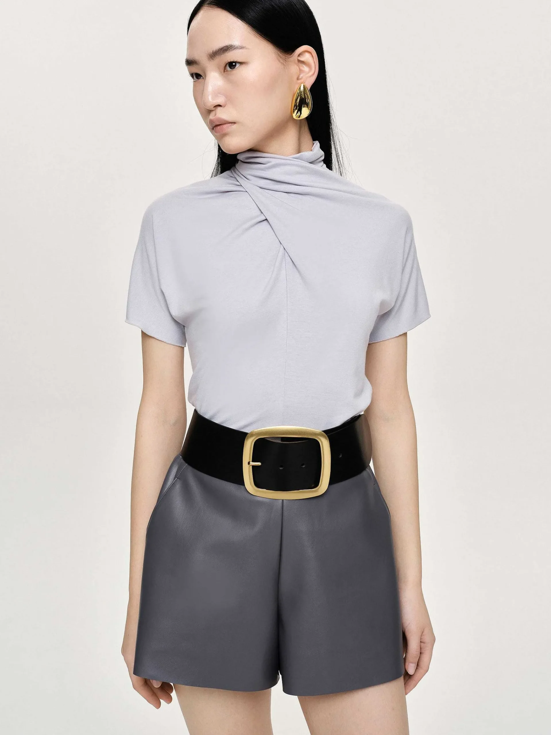 Source Unknown Vêtements-T-Shirt A Col Croise Daye, Gris Brume