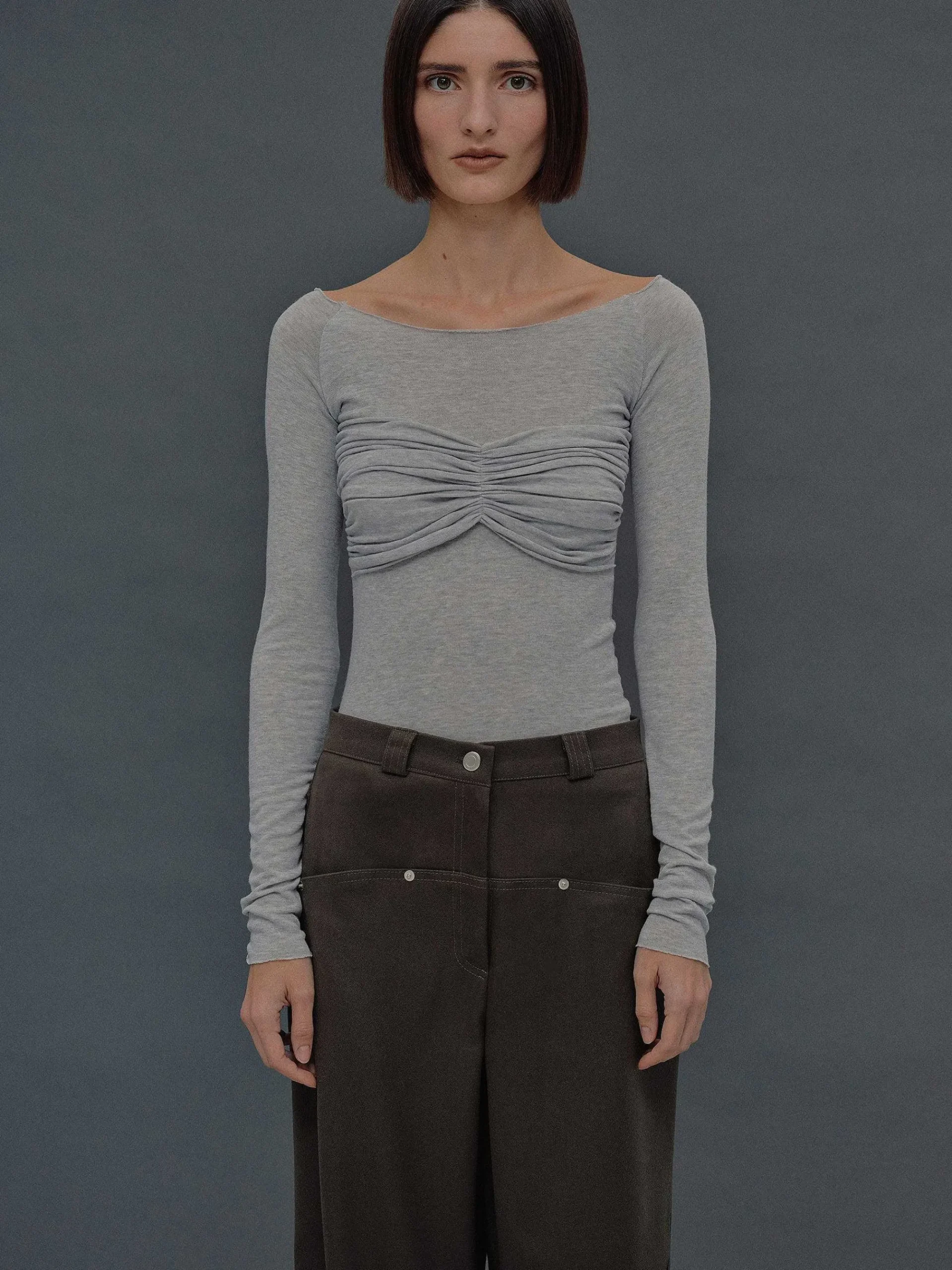 Source Unknown Vêtements-T-Shirt Slim En Jersey Bustier, Gris Brume