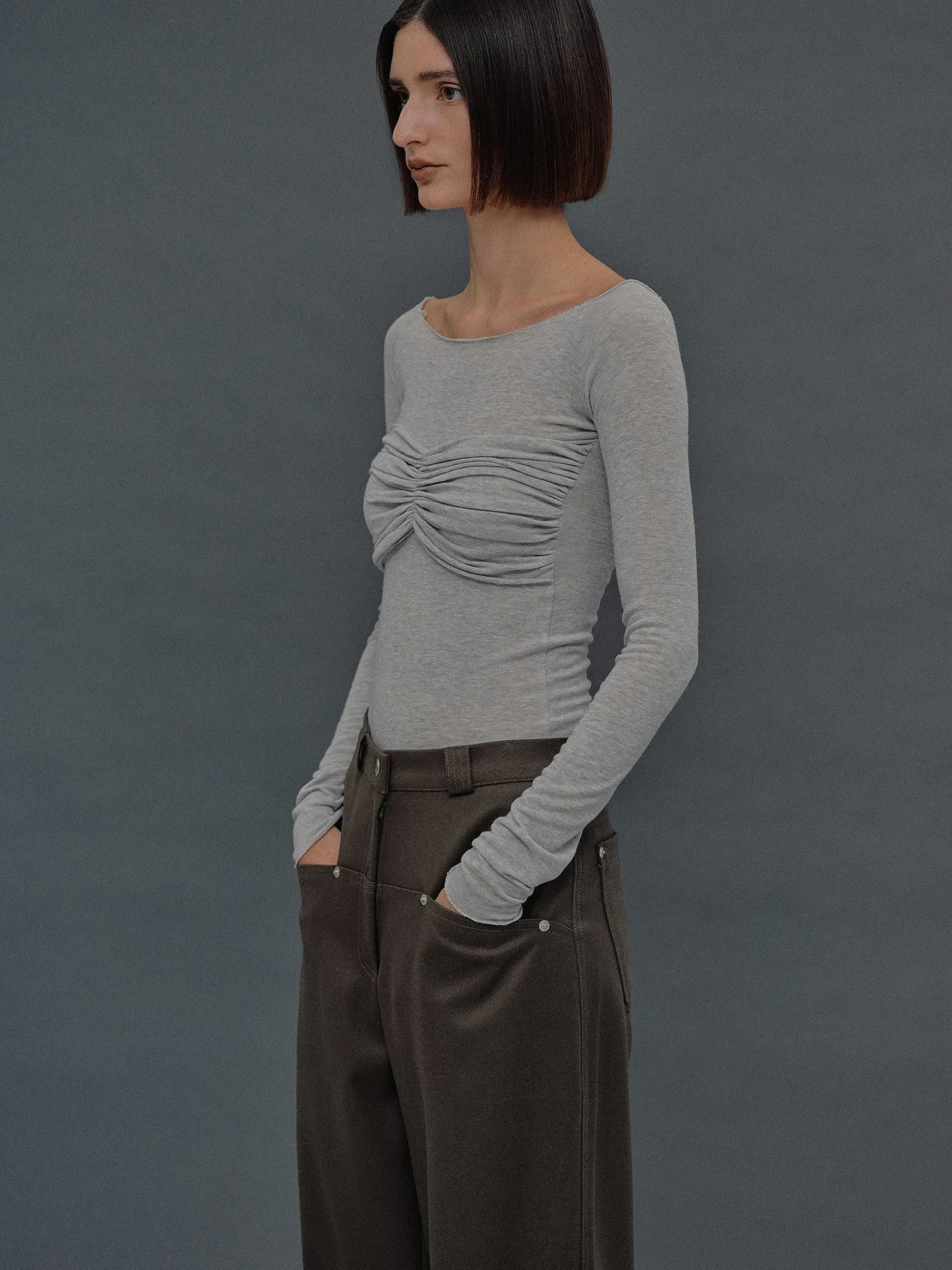 Source Unknown Vêtements-T-Shirt Slim En Jersey Bustier, Gris Brume