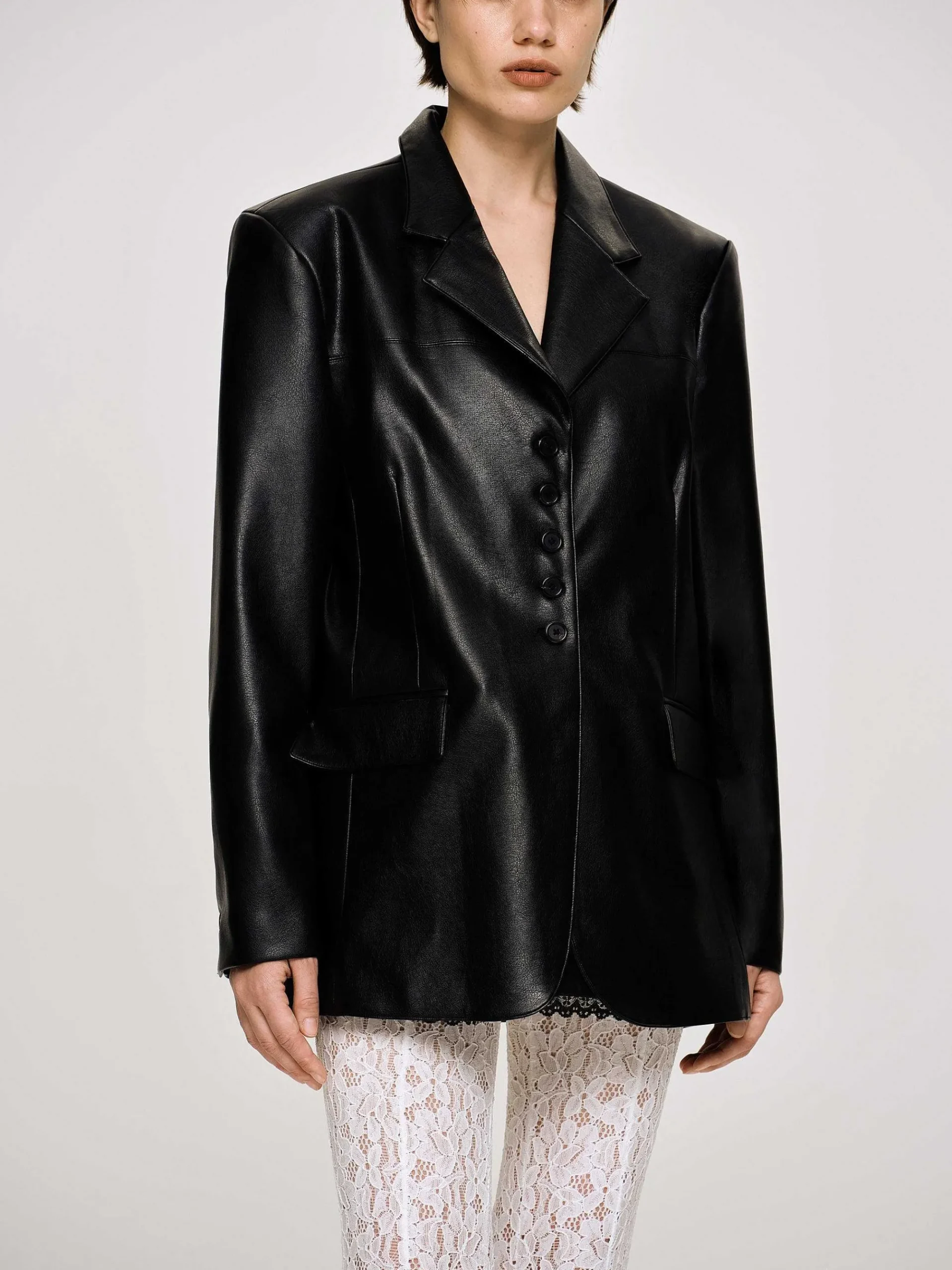 Source Unknown Vêtements D'Exterieur-Veste Boutonnee En Similicuir, Noir