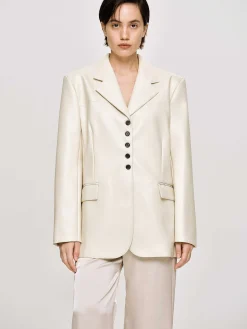 Source Unknown Vêtements-Veste Boutonnee En Simili Cuir, Beige Chaud