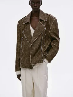 Source Unknown Accessoires-Veste De Motard En Similicuir Bianca, Marron Delave