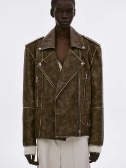 Source Unknown Accessoires-Veste De Motard En Similicuir Bianca, Marron Delave
