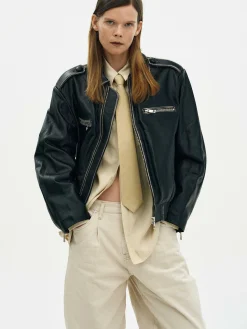 Source Unknown Vêtements-Veste En Cuir Delave, Noir