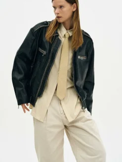 Source Unknown Vêtements-Veste En Cuir Delave, Noir